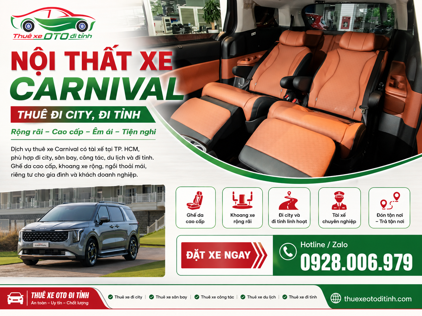 Nội thất xe Carnival thuê đi city và đi tỉnh