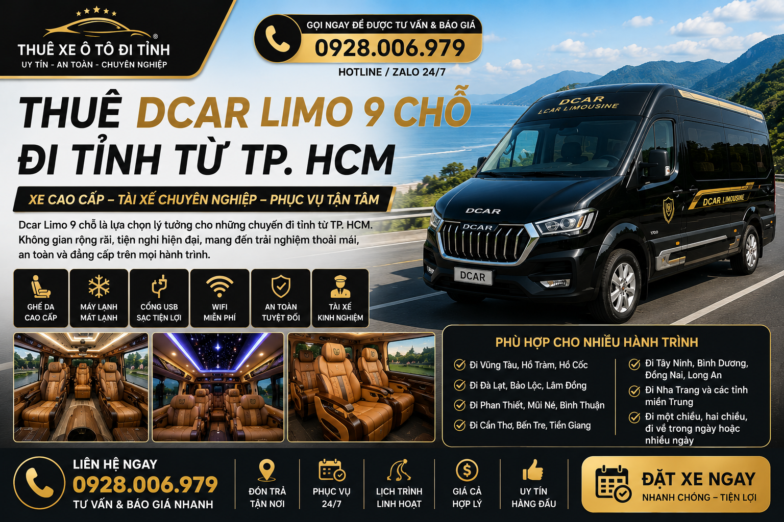 Thuê Dcar Limo 9 chỗ đi tỉnh từ TP. HCM