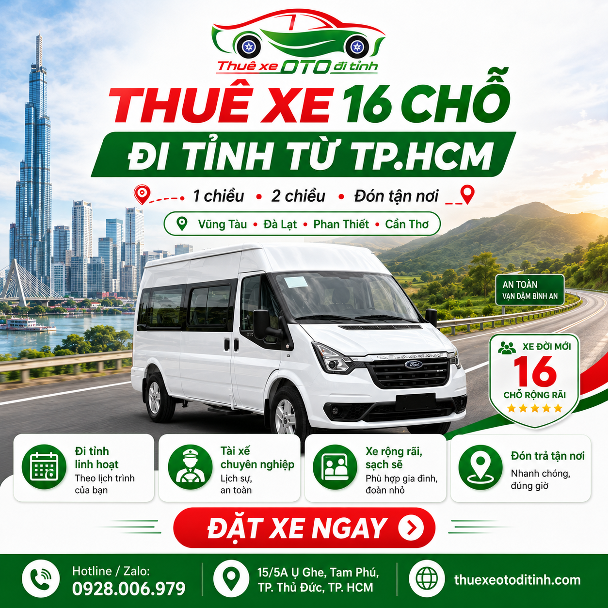 Thuê xe 16 chỗ đi tỉnh từ TP. HCM