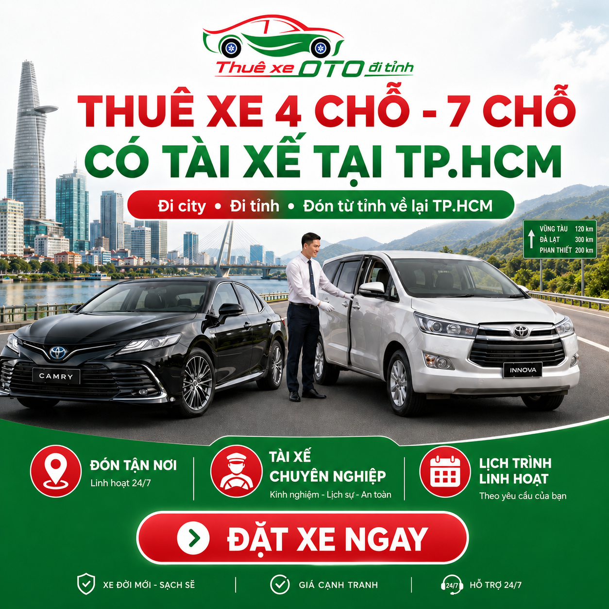 Thuê xe 4 chỗ 7 chỗ có tài xế tại TP. HCM