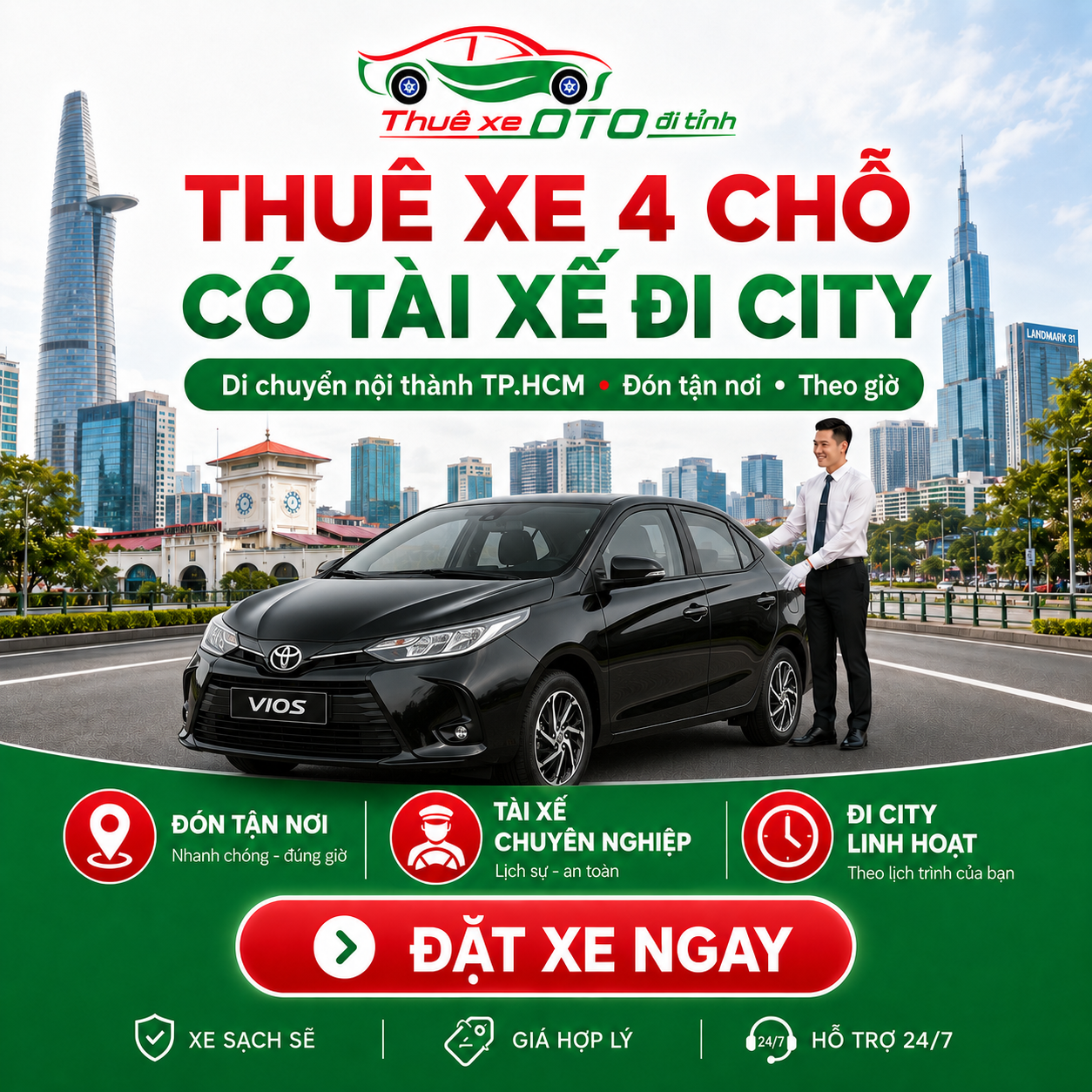 Thuê xe 4 chỗ có tài xế đi city tại TP. HCM